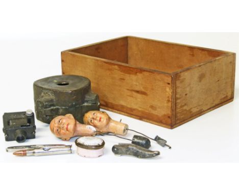 Dental flask, spy camera, 18th century enamel box, two dolls heads and three novelty pen knives, one marked CIL explosives Co