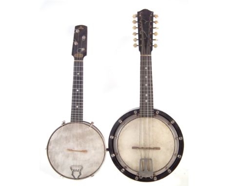 Fitzroy Banjolele or ukulele banjo , also an unmarked Banjolin or banjo / mandolin the largest item measures 63cm. Condition 