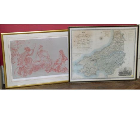 Signed Russell Flint print and a coloured map by C &amp; J Greenwood, Cardigan Pembroke and Caermarthen. Condition reports ar