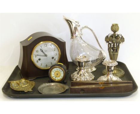 Smiths clock, desk clock, claret jug, Victorian candlestick and other metal ware. Condition reports are not available for our