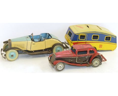 Mettoy tin plate clockwork car and caravan together with a Chad Valley tin plate car. Condition reports are not available for