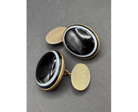 Large Antique banded onyx, 25 x 20mm cufflinks in 9ct and silver as stamped on the reverse of the cufflink