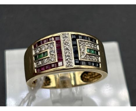A art deco sapphire ruby emerald and diamond ring 10ct gold size S 6.1 gms