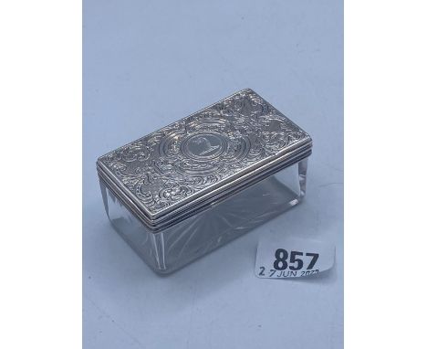 A rectangular jar with crested cover and glass base 3 inches wide London 1849 by TW