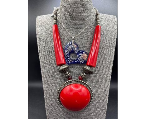 A massive large coral coloured necklace 20 inch and blue heart silver pendant necklace 16 inch