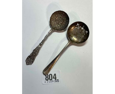 A sifter spoon with circular bowl, Sheffield 1906 and a small ladle, Birmingham 1886