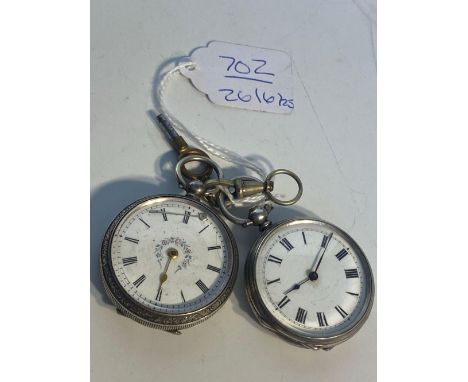Two ladies silver fob watches and a watch key