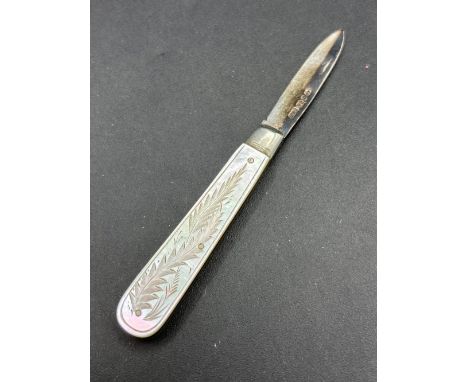 Antique Victorian silver fruit knife with Mother of Pearl handle, hallmarked Birmingham 1888