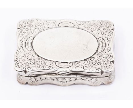 A Georgian style engraved cartouche shaped snuff box, the cover with vacant oval cartouche, hallmarked by Charles Cohen, Birm