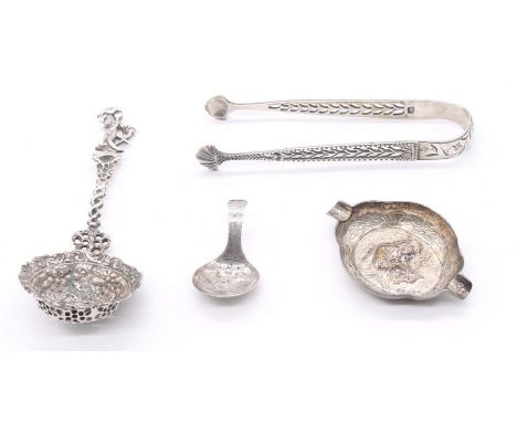 A collection of silver to include; an imported silver embossed small ashtray with figural design, import marks for Adolph Bar