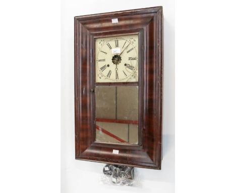 A late Victorian American wall clock with 7" square dial, mirror below dial, skeletonised movement to centre of dial, contain