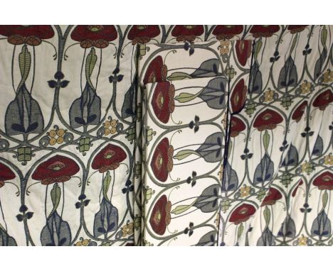 A pair of large lined curtains, Arts & Crafts design by La Belle Epoch, heavy duty cotton, green foliage and red deco tulip d