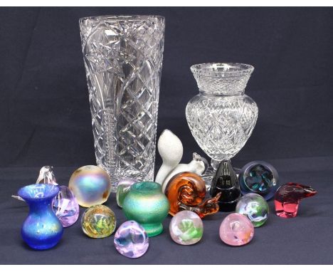A collection of paperweights including Wedgwood, Caithness, John Ditchfield etc, along with two crystal vases (18)