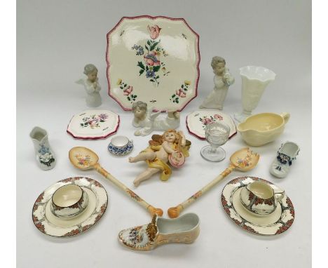 A collection of mixed ceramics to include; Three Lladro young Angel figurines (one damaged and re-glued), a simple cream colo