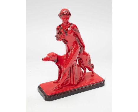 A Peggy Davies ceramics figure of an Art Deco lady with hunting dog.
