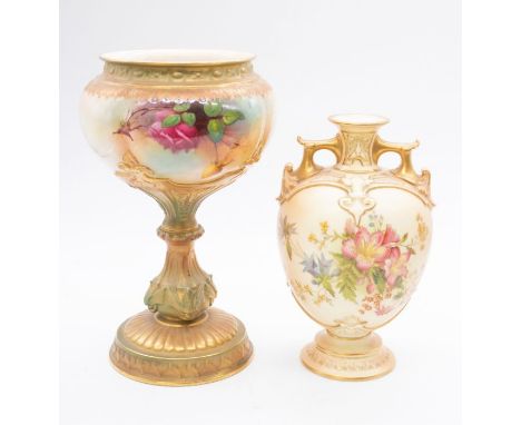 Two early 20th century Royal Worcester blush ivory vases with hand-painted floral and gilt decoration. &nbsp;Size. 21cm &amp;