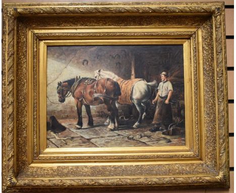 An unsigned oil on board of Hunting scene within elaborate gilt frame (small loss), approx. 39cm x 29cm, along with another o