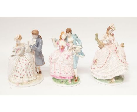 Royal Worcester figurines: 'The Tryst' No 1092 of 2450; 'The Time of Roses' No 219 of 2950 and 'The Flirtation' No 1092 of 24