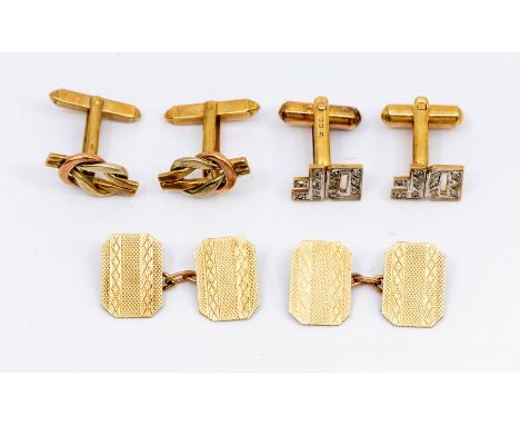 A collection of three pairs of 9ct gold cufflinks to include a diamond set initial pair, comprising the initials D.F, swivel 