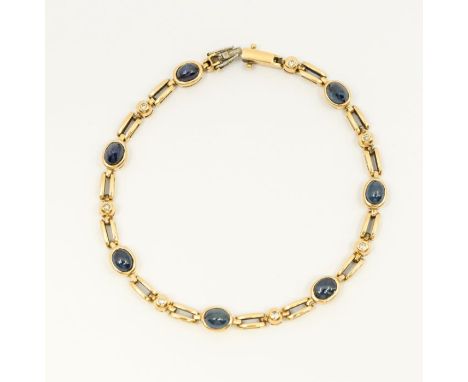 A sapphire cabochon and diamond 14ct bracelet, comprising oval cabochon/sugar loaf sapphires each approx 8 x 5mm, with open g