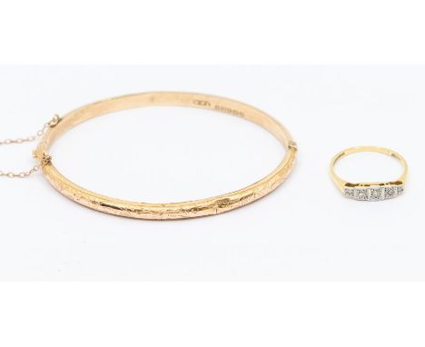 An early 20th century diamond set 18ct gold ring, size P, total gross weight approx 2.3gms along with a 9ct gold bangle hinge