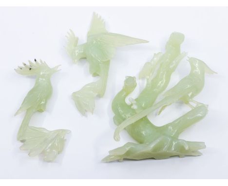 A Chinese large pale jade model of exotic birds perched in a tree (damaged - a/f), approx 25cm high overall, boxed&nbsp;