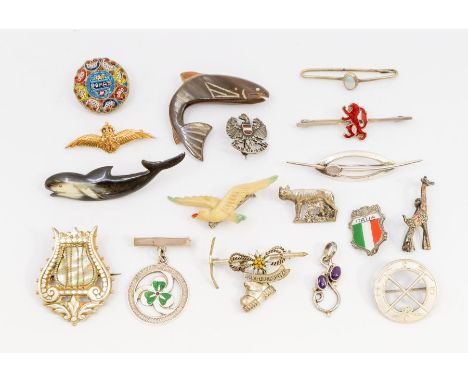 A collection of 16 various vintage brooches to include a 9ct gold RAF sweetheart brooch, length approx 40mm, weight approx 2.