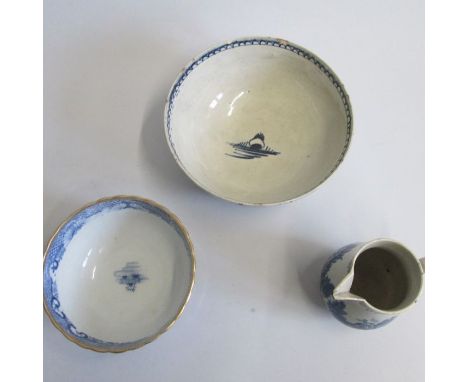 A Liverpool blue and white slop bowl painted with Man in a pavilion pattern, along with a Caughley blue and white sugar bowl 