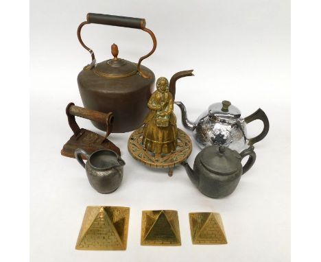 A collection of metal ware to include various copper, silver plated and brass ware including a small Arts and Crafts style ro