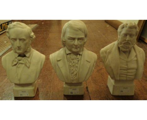 A trio of late 19th Century Robinson & Leadbeater parian ware busts, each approx 19.5cm high, each stamped R&L to the reverse