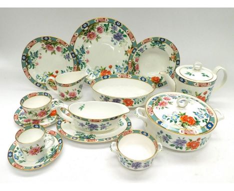 Royal Worcester - An 86 piece "Shantung" patterned dinner service to include; two tureens, sauce boat and stand, soup bowls, 