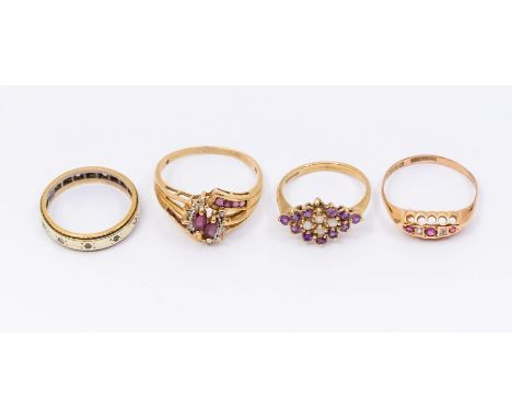 A collection of four 9ct gold stone set rings including a Victorian rose gold ruby and diamond boat head ring, size R1/2, an 