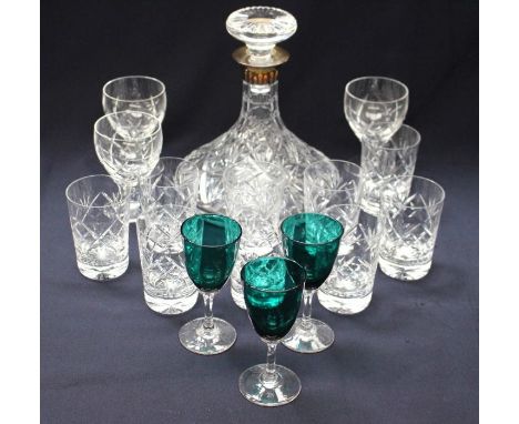 A Regency-style cut-glass ships decanter and four wine glasses