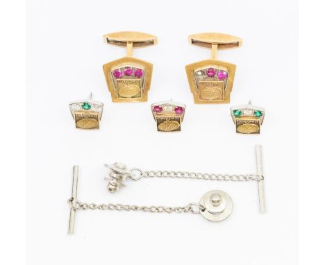 A collection of corporate tie studs and cufflinks, to include a pair of ruby set 9ct gold cufflinks, for E.F Macdonald, swive