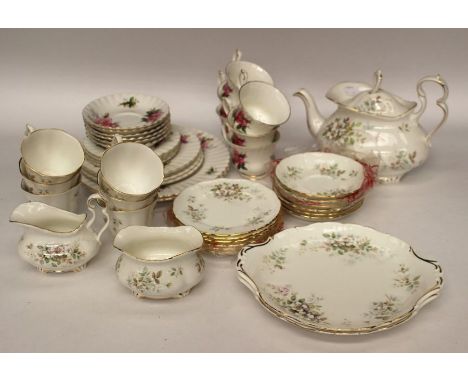 Royal Albert Haworth design tea set comprising of teapot, milk jug, sugar basin, six cups and saucers, six side plates and tw