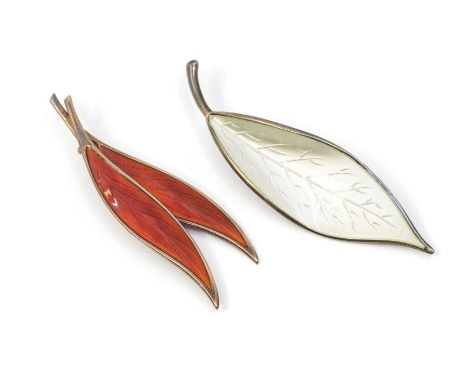 David Anderson Norway- two silver and enamel Modernist brooches, comprising a single white guilloche enamel leaf brooch, leng