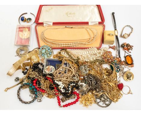 A collection of vintage costume jewellery including leather strap 9ct gold Rotary ladies wrist watch, earrings, brooches, gol