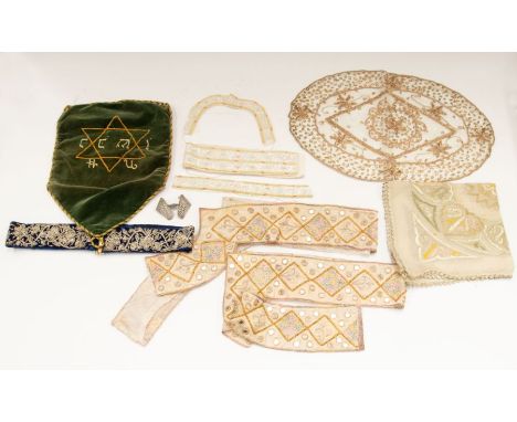 A collection of Asian textile items, to include: georgette cloth embroidered with fine gold thread figured in heart-shaped pa