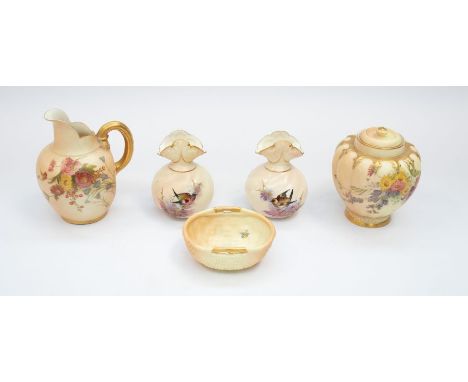 A collection of Royal Worcester Blush Ivory pieces to include; A pair of Locke & Co bird designed vase, no. 463, a bird desig