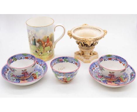 A Royal Crown Derby red marked hand-painted large mug with hunting scene, signed lower right, possibly Barring, commemorating