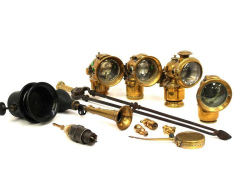 A collection of vintage motor car parts including speedometers, lamps and horns - mainly Lucas parts, also Rolls-Royce - toge