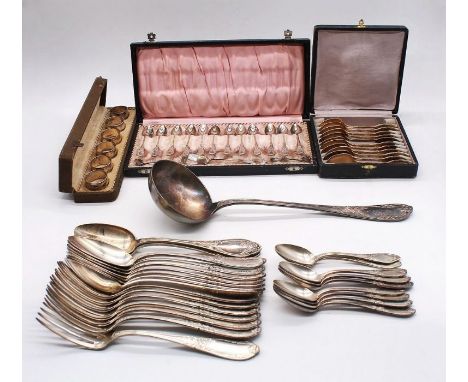 A collection of Continental silver and white metal to include: 1. set of six German 800 standard small hammered / planished n