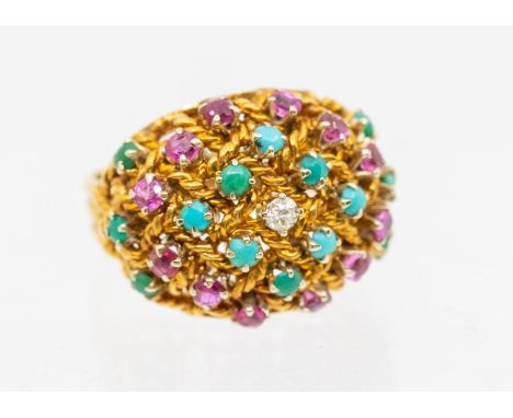 A vintage ruby, turquoise and diamond 18ct gold boule ring, comprising cabochon turquoise, round mixed cut rubies and a singl