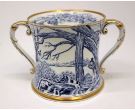 Shelley - A large two handled loving cup, with blue and white transfer printed Hunting scene design to body. With gilt decora