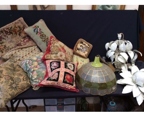 A collection of cushions, lighting and ceramics including print and tray