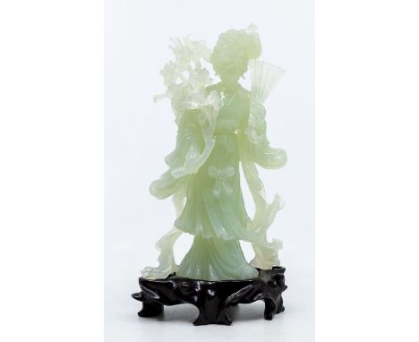 A Modern Chinese pale jade small model of a Geisha holding a fan, 16cm high, with carved stand, in original box