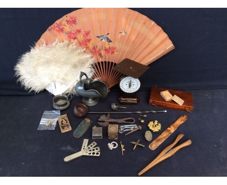 A collection of early to mid 20th century prints, together with a box of collectors' items such as fans, scales, treen box, p