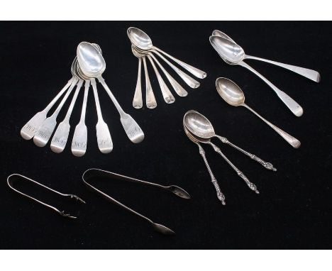 A collection of silver flatware to include; a set of six Victorian fiddle pattern tea spoons, hallmarked London, 1859, Samuel