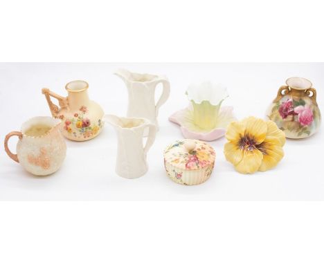 A small collection of early 20th century blush ivory and other small Royal Worcester items to include; two graduating cream c