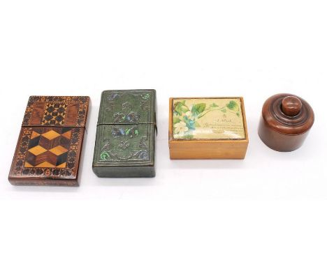 Treen: A collection of items to include a Tunbridge ware marquetry card case, a Tunbridge ware walnut tea caddy of rectangula